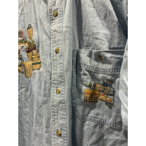 90s Real Good Denim Sport Shirt XL Made in Hong Kong Basket Embroidery Cottage - Picture 3 of 8